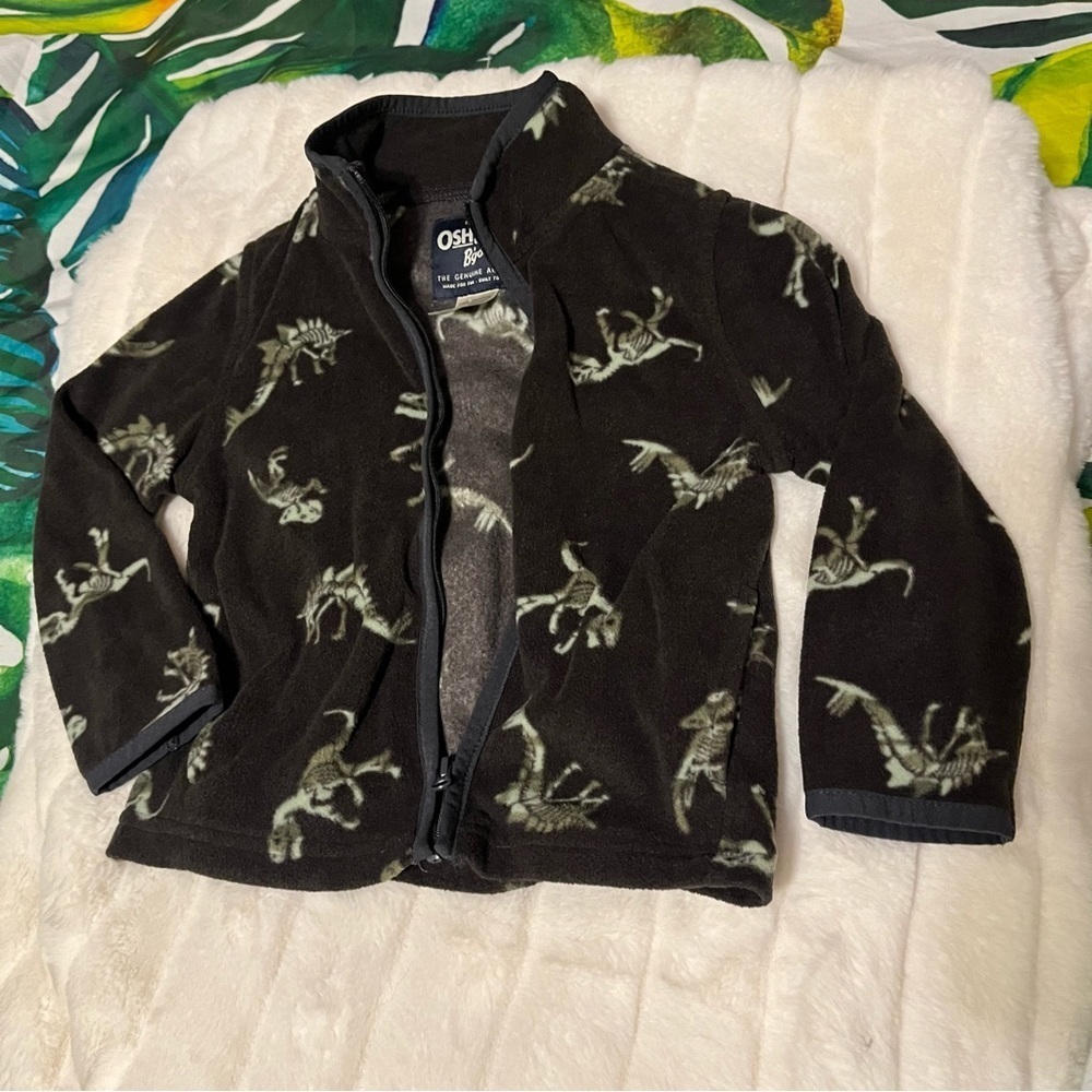 EUC OshKosh Baby Toddler 24M Grey Brown Dino Zip Fleece Lightweight Zip Jacket